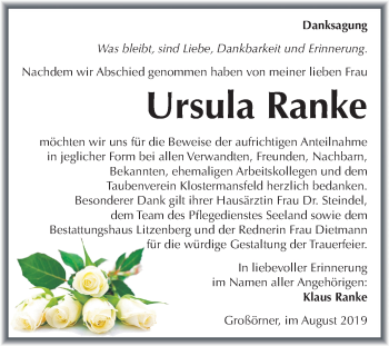 Traueranzeige von Ursula Ranke von Mitteldeutsche Zeitung Mansfelder Land