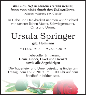 Traueranzeige von Ursula Springer von Super Sonntag Köthen