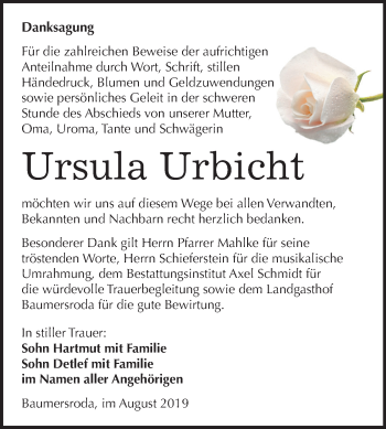 Traueranzeige von Ursula Urbicht von Wochenspiegel Naumburg/Nebra