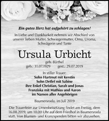Traueranzeige von Ursula Urbicht von Wochenspiegel Naumburg/Nebra
