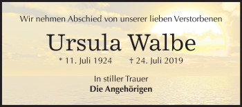 Traueranzeige von Ursula Walbe von Mitteldeutsche Zeitung Weißenfels