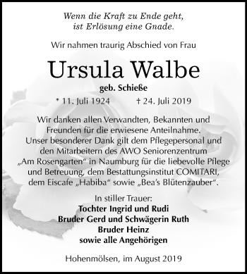 Traueranzeige von Ursula Walbe von Mitteldeutsche Zeitung Weißenfels