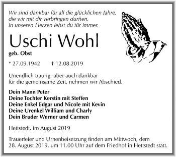 Traueranzeige von Uschi Wohl von Wochenspiegel Mansfelder Land
