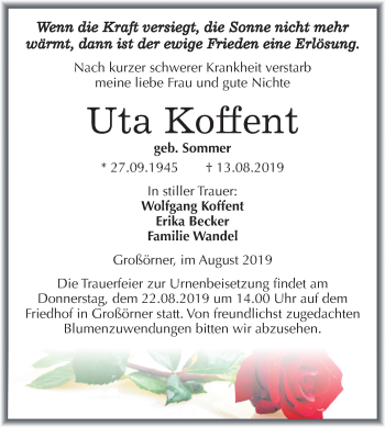 Traueranzeige von Uta Koffent von Wochenspiegel Mansfelder Land