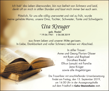 Traueranzeige von Uta Kreuger von Wochenspiegel Köthen