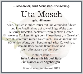 Traueranzeige von Uta Mosch von Super Sonntag Merseburg/Querfurt