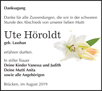 Traueranzeige von Ute Höroldt von Super Sonntag Sangerhausen