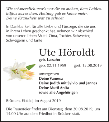 Traueranzeige von Ute Höroldt von Super Sonntag Sangerhausen