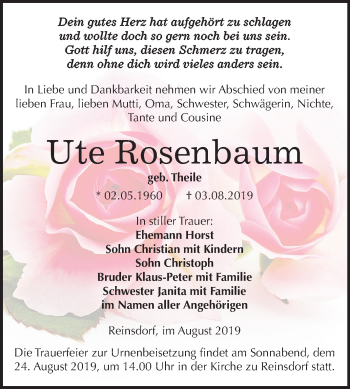 Traueranzeige von Ute Rosenbaum von Mitteldeutsche Zeitung Naumburg/Nebra