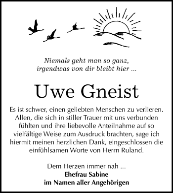 Traueranzeige von Uwe Gneist von Super Sonntag Bernburg