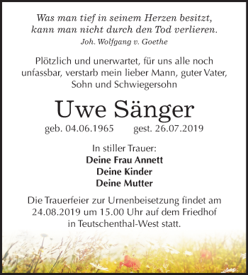 Traueranzeige von Uwe Sänger von Mitteldeutsche Zeitung Halle/Saalkreis