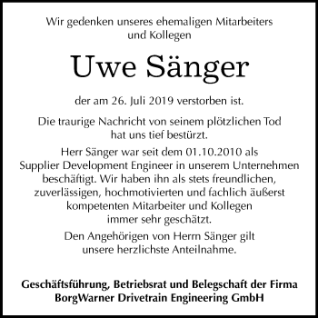 Traueranzeige von Uwe Sänger von Mitteldeutsche Zeitung Halle/Saalkreis