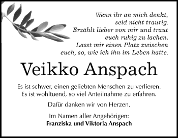 Traueranzeige von Veikko Anspach von Super Sonntag Wittenberg