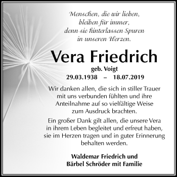 Traueranzeige von Vera Friedrich von Mitteldeutsche Zeitung Wittenberg