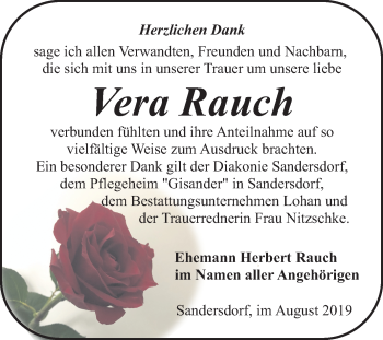 Traueranzeige von Vera Rauch von Wochenspiegel Bitterfeld