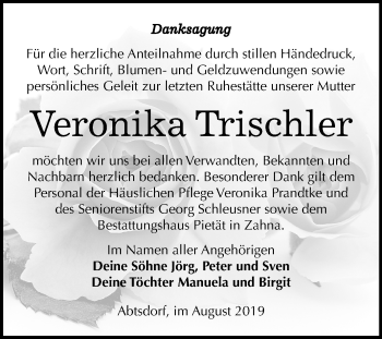 Traueranzeige von Veronika Trischler von Mitteldeutsche Zeitung Wittenberg