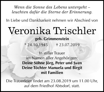 Traueranzeige von Veronika Trischler von Super Sonntag Wittenberg