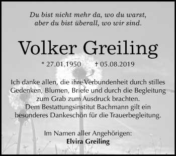 Traueranzeige von Volker Greiling von Mitteldeutsche Zeitung Dessau-Roßlau