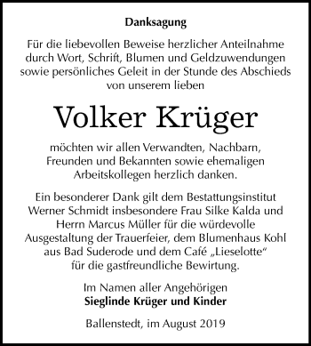 Traueranzeige von Volker Krüger von Mitteldeutsche Zeitung Quedlinburg