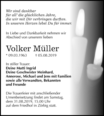 Traueranzeige von Volker Müller von Wochenspiegel Bitterfeld