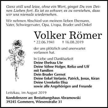 Traueranzeige von Volker Römer von Mitteldeutsche Zeitung Halle/Saalkreis