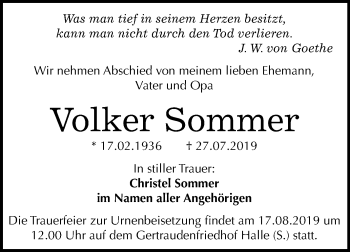 Traueranzeige von Volker Sommer von Mitteldeutsche Zeitung Halle/Saalkreis