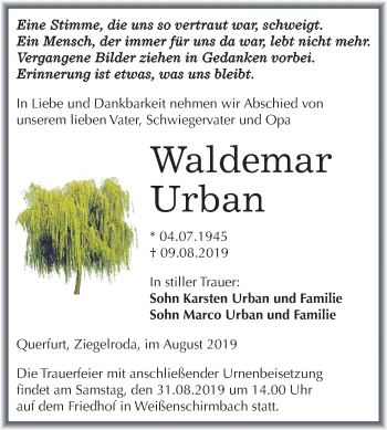 Traueranzeige von Waldemar Urban von Super Sonntag Merseburg/Querfurt