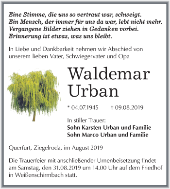 Traueranzeige von Waldemar Urban von Mitteldeutsche Zeitung Merseburg/Querfurt