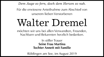 Traueranzeige von Walter Dremel von Super Sonntag Mansfelder Land