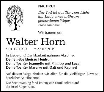 Traueranzeige von Walter Horn von Super Sonntag Wittenberg