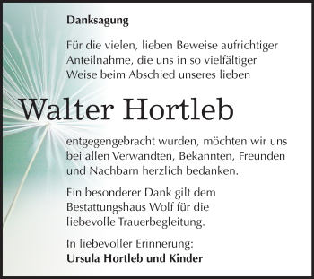 Traueranzeige von Walter Hortleb von Mitteldeutsche Zeitung Weißenfels
