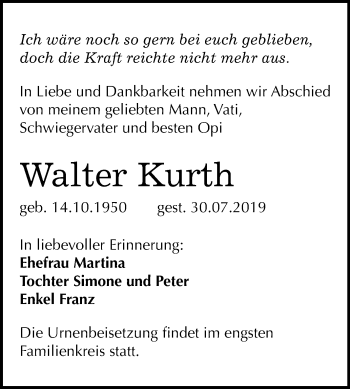 Traueranzeige von Walter Kurth von Mitteldeutsche Zeitung Mansfelder Land