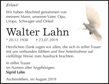 Traueranzeige von Walter Lahn von Mitteldeutsche Zeitung Aschersleben