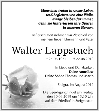 Traueranzeige von Walter Lappstuch von Mitteldeutsche Zeitung Merseburg/Querfurt