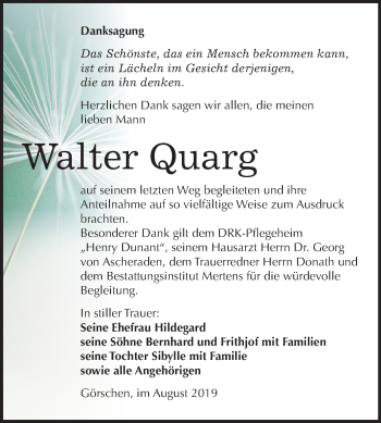 Traueranzeige von Walter Quarg von Wochenspiegel Naumburg/Nebra