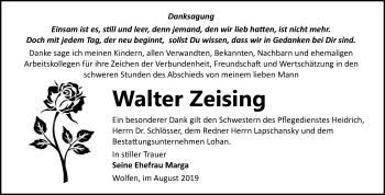 Traueranzeige von Walter Zeising von Wochenspiegel Bitterfeld