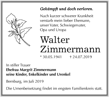 Traueranzeige von Walter Zimmermann von Mitteldeutsche Zeitung Bernburg