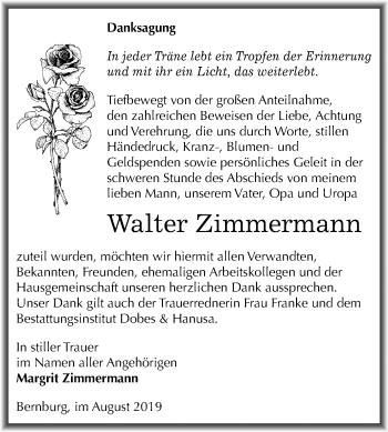 Traueranzeige von Walter Zimmermann von Super Sonntag Bernburg