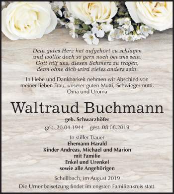 Traueranzeige von Waltraud Buchmann von Mitteldeutsche Zeitung Zeitz
