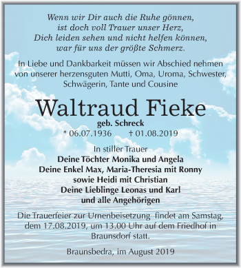 Traueranzeige von Waltraud Fieke von Super Sonntag Merseburg/Querfurt