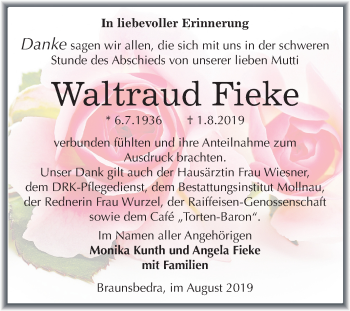 Traueranzeige von Waltraud Fieke von Super Sonntag Merseburg/Querfurt