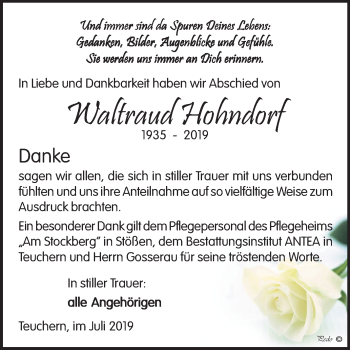 Traueranzeige von Waltraud Hohndorf von Wochenspiegel Weißenfels