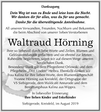 Traueranzeige von Waltraud Hörning von Mitteldeutsche Zeitung Mansfelder Land
