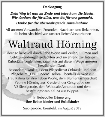 Traueranzeige von Waltraud Hörning von Super Sonntag Mansfelder Land