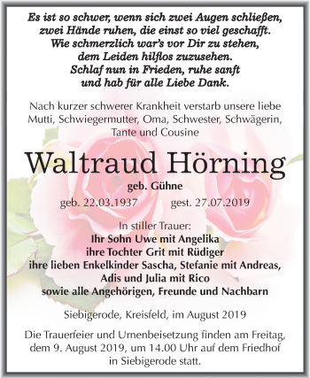 Traueranzeige von Waltraud Hörning von Super Sonntag Mansfelder Land