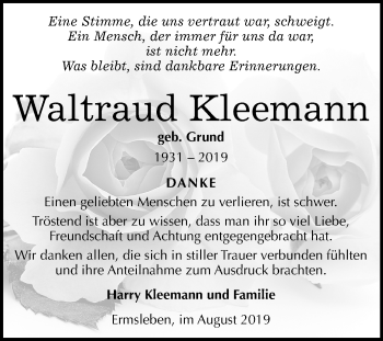 Traueranzeige von Waltraud Kleemann von Mitteldeutsche Zeitung Aschersleben