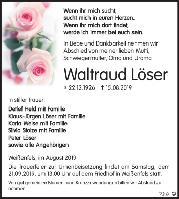 Traueranzeige von Waltraud Löser von Mitteldeutsche Zeitung Weißenfels