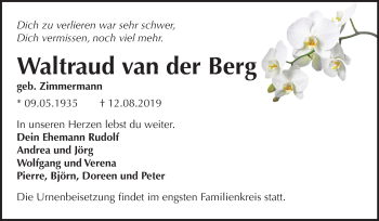 Traueranzeige von Waltraud van der Berg von Wochenspiegel Bitterfeld