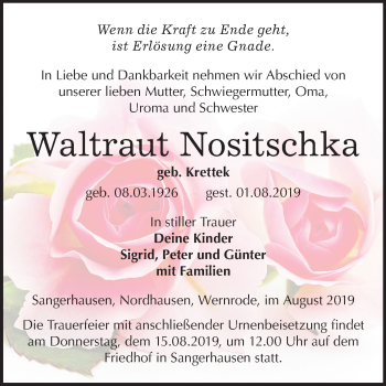 Traueranzeige von Waltraut Nositschka von Super Sonntag Sangerhausen