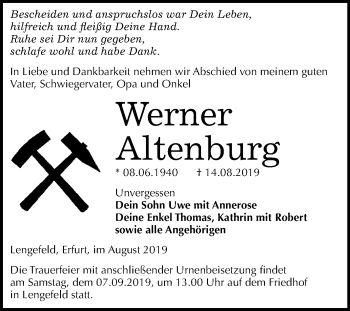 Traueranzeige von Werner Altenburg von Super Sonntag Sangerhausen